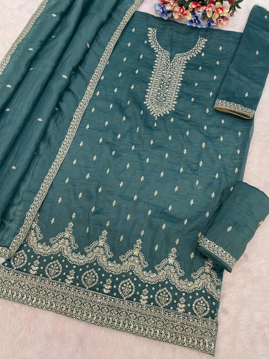 Blue Gold Crush Semi Stitched Suit with Embroidery & Sequence Work