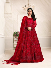 Red Embroidered Net Semi Stitched Anarkali Suit