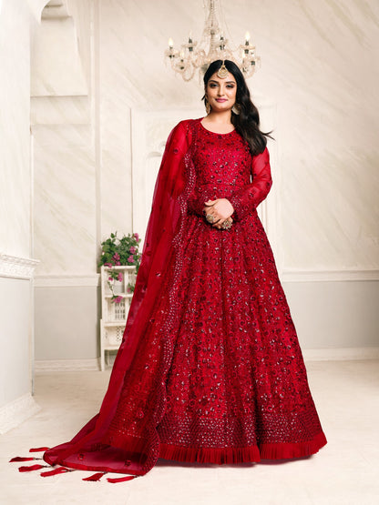 Red Embroidered Net Semi Stitched Anarkali Suit