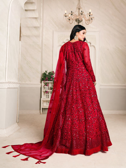 Red Embroidered Net Semi Stitched Anarkali Suit