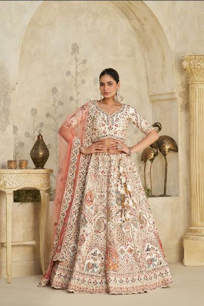 Intricately Embroidered Cream Zari Lehenga with Royal Motifs