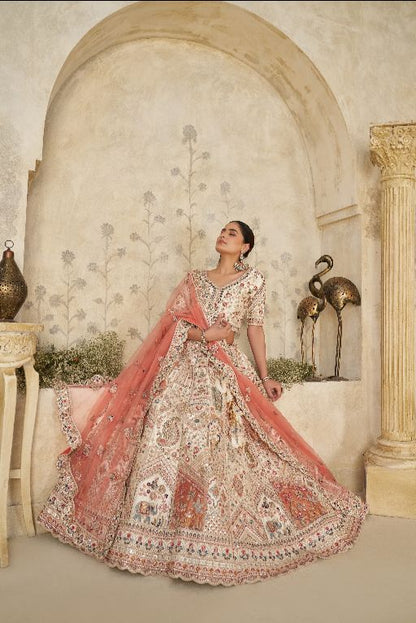 Intricately Embroidered Cream Zari Lehenga with Royal Motifs