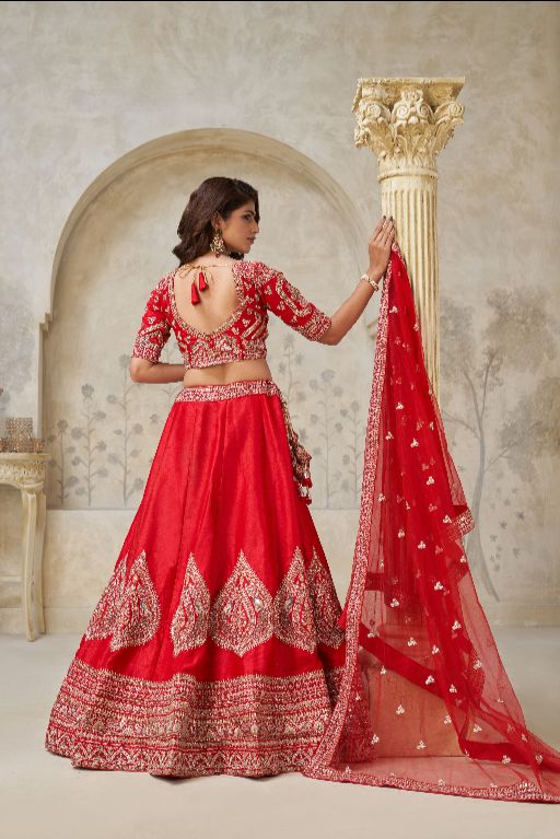 Red Wedding Raw silk Lehenga with Leaf Embroidery