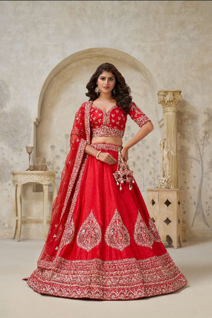 Red Wedding Raw silk Lehenga with Leaf Embroidery