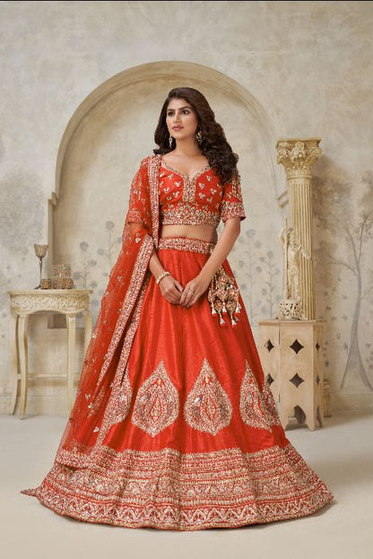 Trendy Rust Wedding Lehenga with Leaf Embroidery