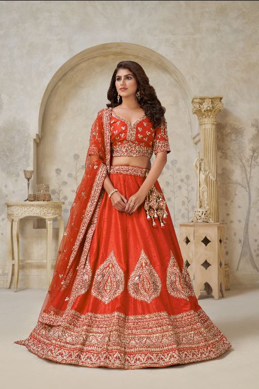 Trendy Rust Wedding Lehenga with Leaf Embroidery