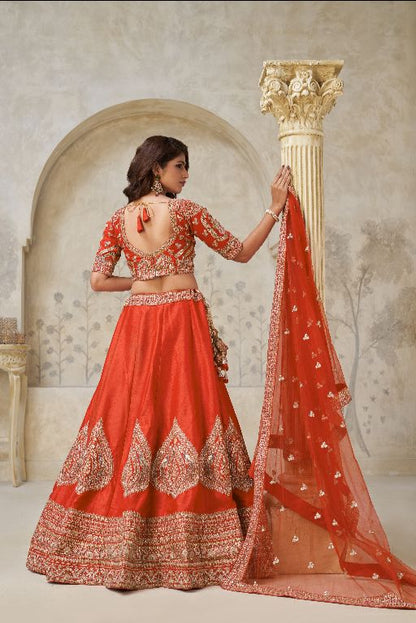 Trendy Rust Wedding Lehenga with Leaf Embroidery