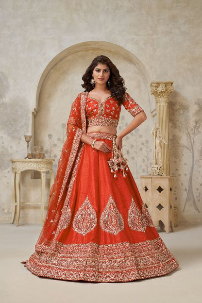Trendy Rust Wedding Lehenga with Leaf Embroidery