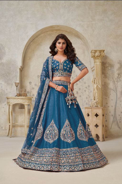 Teal Blue Elegant wedding lehenga with zariwork