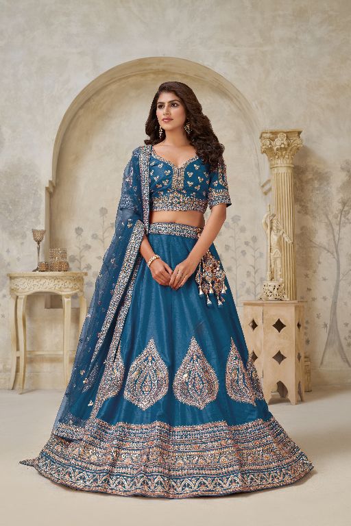 Teal Blue Elegant wedding lehenga with zariwork