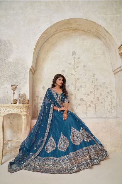 Teal Blue Elegant wedding lehenga with zariwork