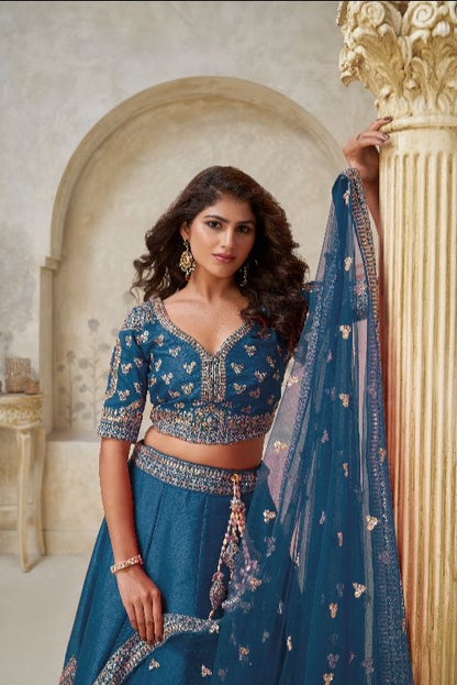 Teal Blue Elegant wedding lehenga with zariwork
