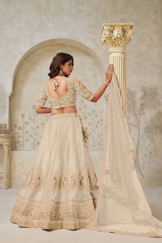 Elegant Beige Ivory color Wedding Lehenga with Leaf Embroidery