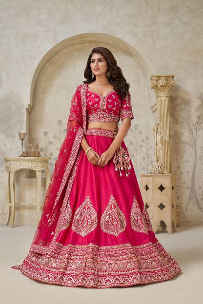 Pink Wedding Lehenga with Leaf Embroidery