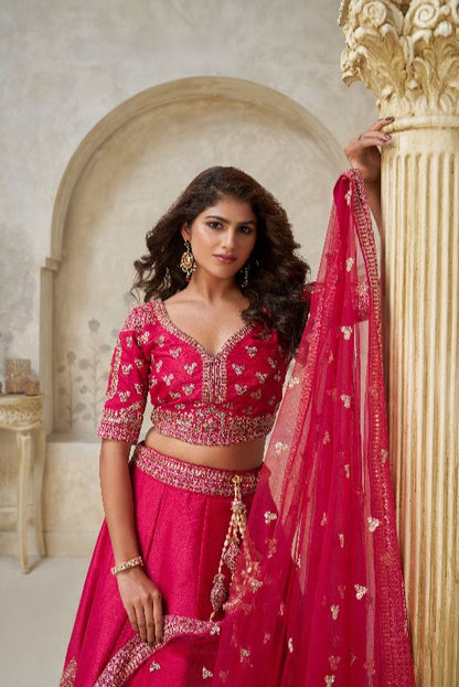 Pink Wedding Lehenga with Leaf Embroidery