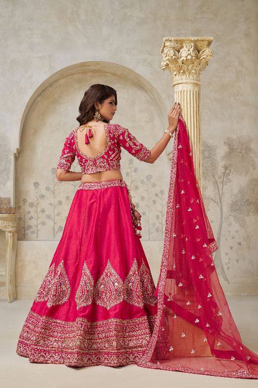Pink Wedding Lehenga with Leaf Embroidery