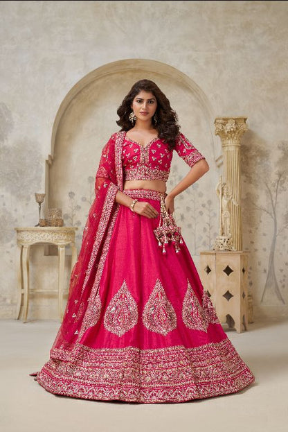 Pink Wedding Lehenga with Leaf Embroidery
