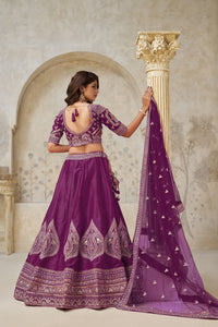 Wine Wedding Lehenga with Leaf Embroidery