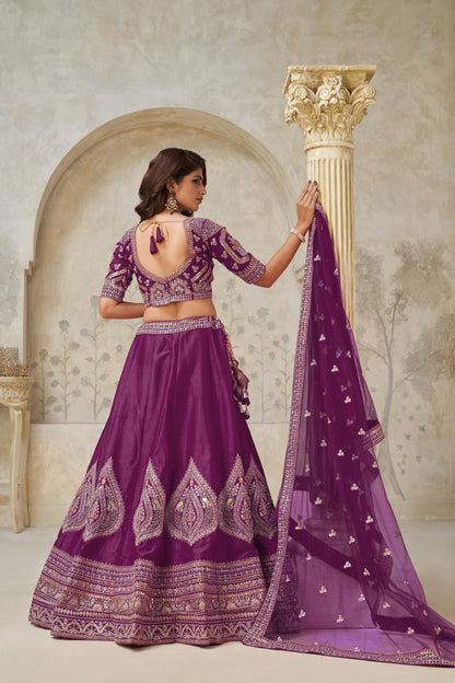 Wine Wedding Lehenga with Leaf Embroidery