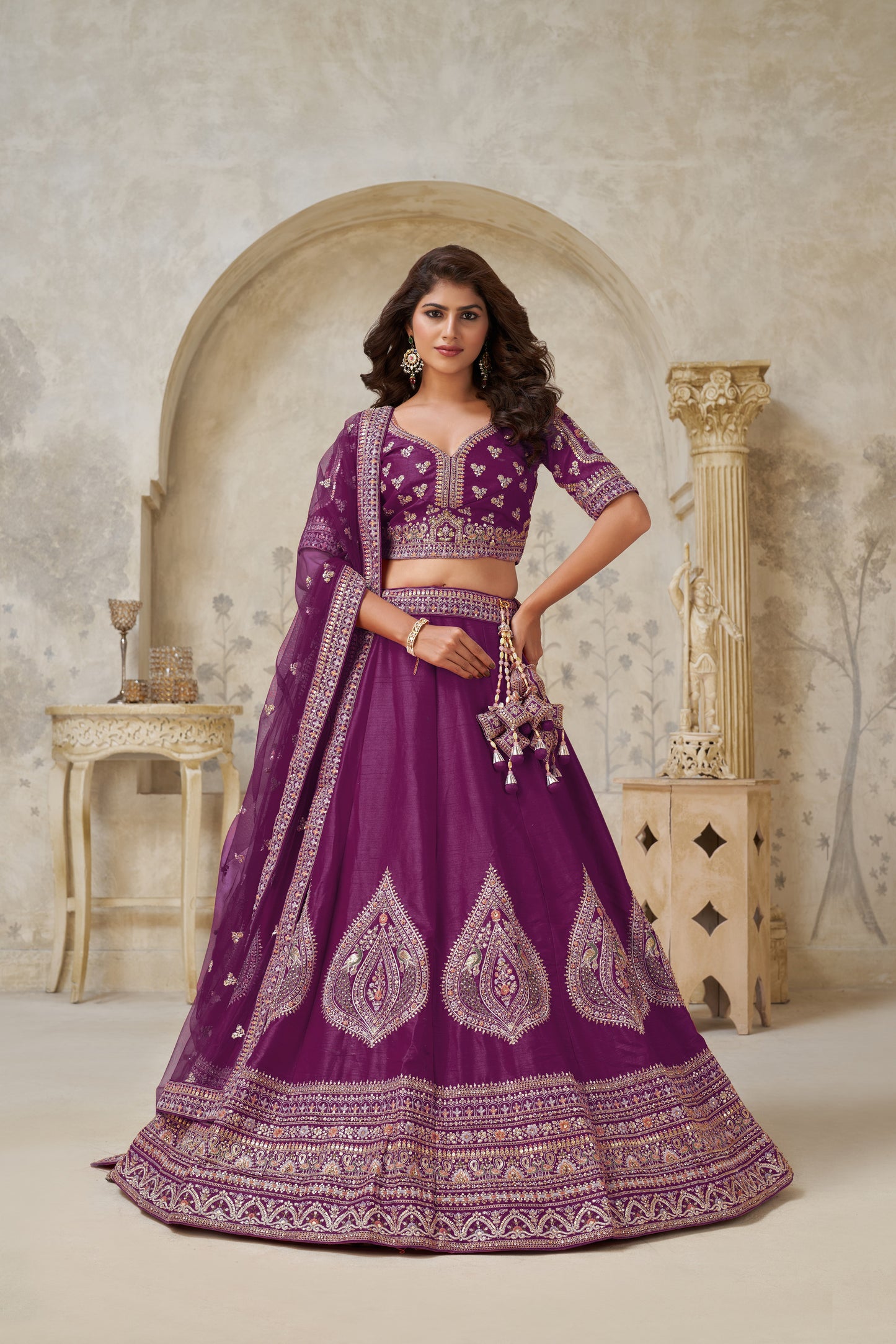 Wine Wedding Lehenga with Leaf Embroidery