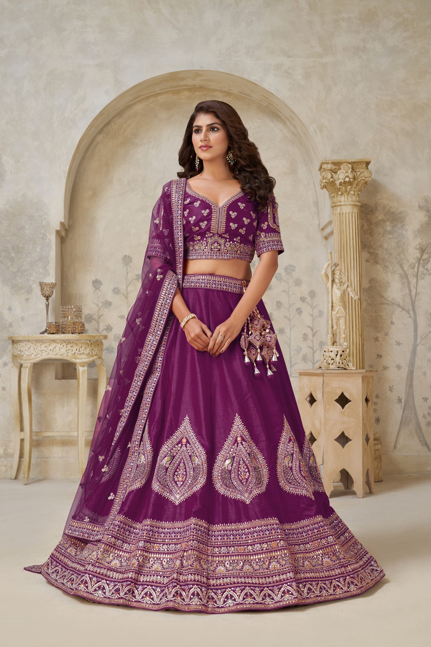 Wine Wedding Lehenga with Leaf Embroidery