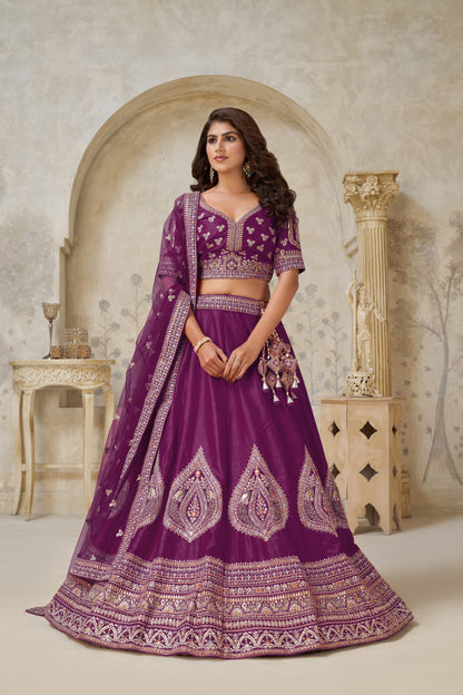 Wine Wedding Lehenga with Leaf Embroidery