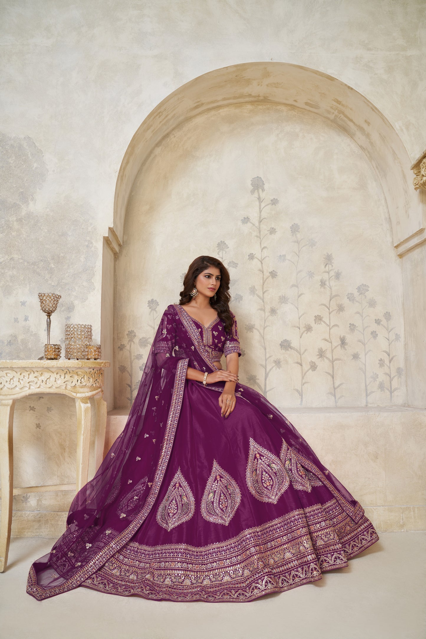 Wine Wedding Lehenga with Leaf Embroidery