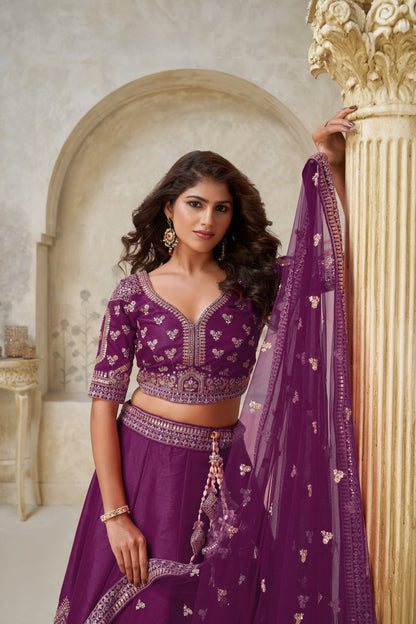 Wine Wedding Lehenga with Leaf Embroidery