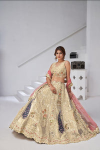 Designer Cream Raw Silk Lehenga with Peacock Feather Work