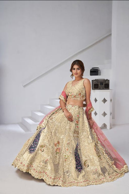 Designer Cream Raw Silk Lehenga with Peacock Feather Work