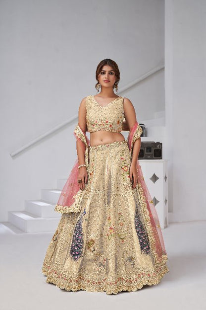 Designer Cream Raw Silk Lehenga with Peacock Feather Work
