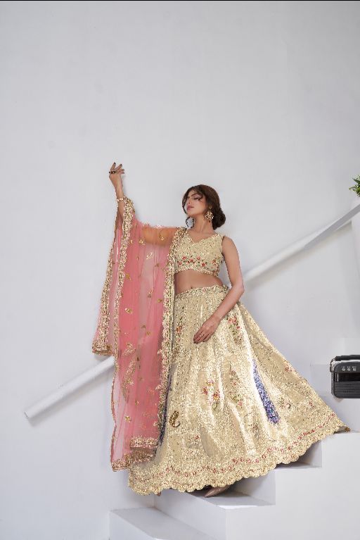 Designer Cream Raw Silk Lehenga with Peacock Feather Work