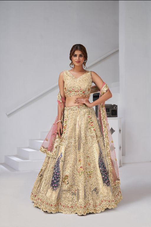 Designer Cream Raw Silk Lehenga with Peacock Feather Work