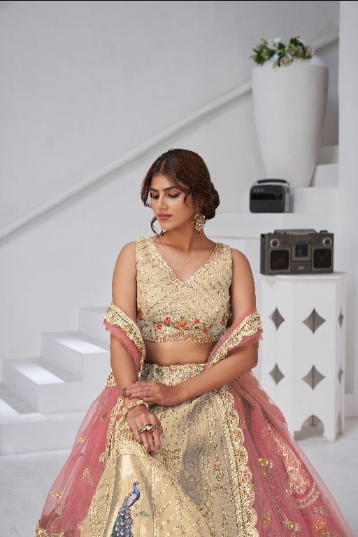 Designer Cream Raw Silk Lehenga with Peacock Feather Work