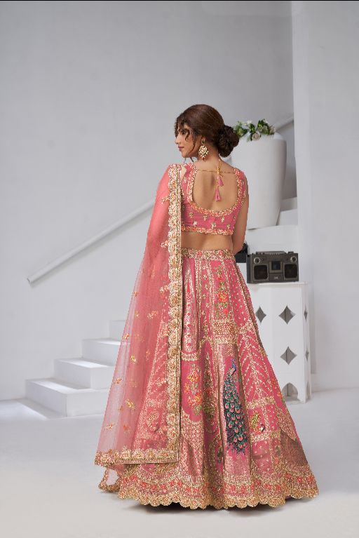 Designer Pink Raw Silk Lehenga with Peacock Feather Work