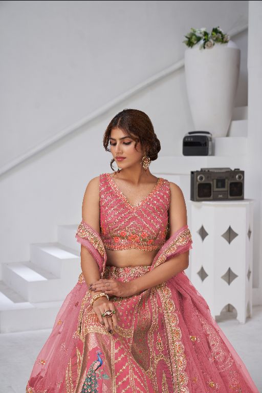 Designer Pink Raw Silk Lehenga with Peacock Feather Work
