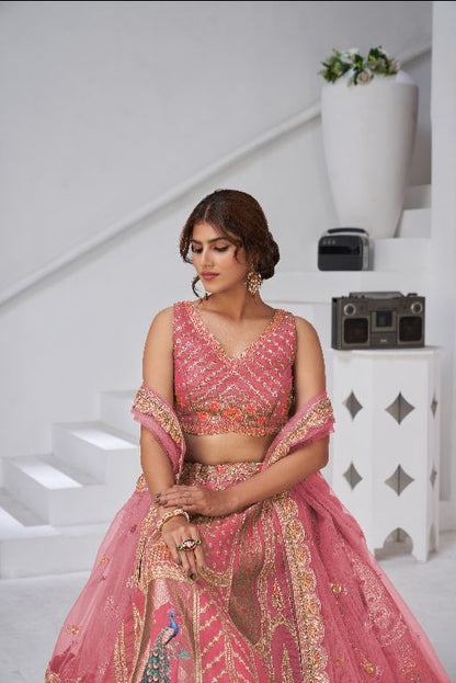 Designer Pink Raw Silk Lehenga with Peacock Feather Work