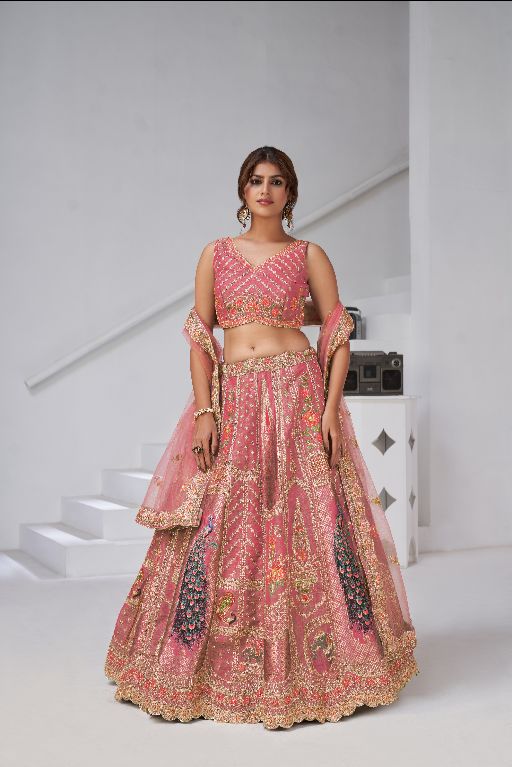 Designer Pink Raw Silk Lehenga with Peacock Feather Work