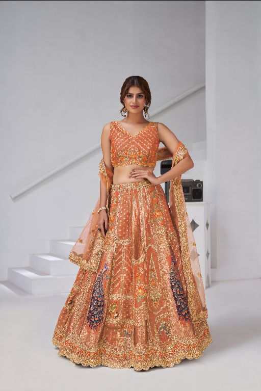 Designer Rust Raw Silk Lehenga with Peacock Feather Work