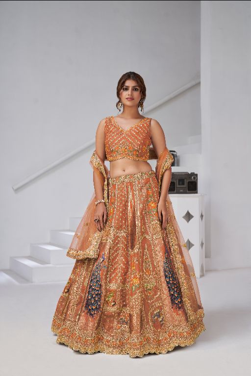 Designer Rust Raw Silk Lehenga with Peacock Feather Work