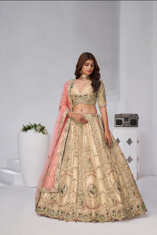 Designer Cream Raw Silk Lehenga for Festive Glam