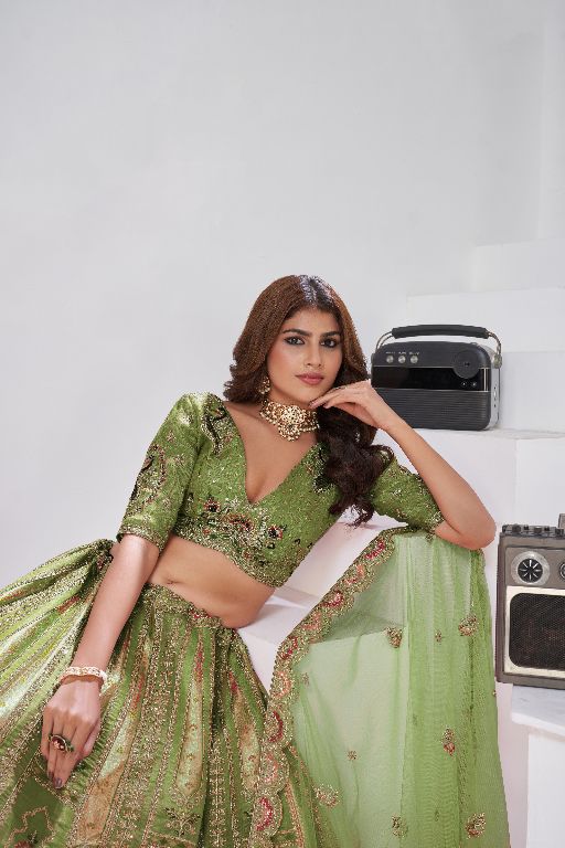 Grace in Green – Raw Silk Mehndi Lehenga for Festive Celebrations