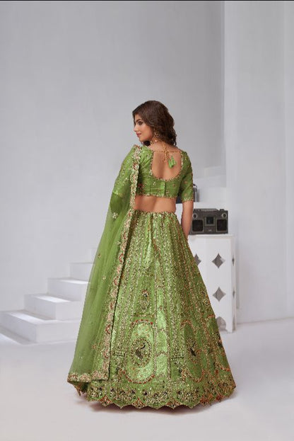 Grace in Green – Raw Silk Mehndi Lehenga for Festive Celebrations