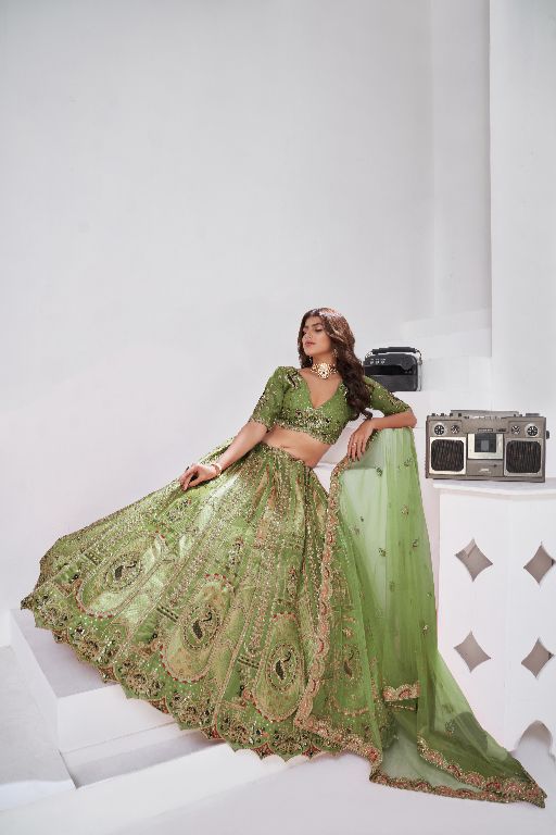 Grace in Green – Raw Silk Mehndi Lehenga for Festive Celebrations