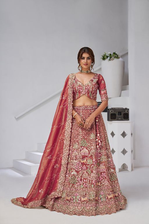 Traditional  dark Pink Bridal Lehenga Featuring Auspicious Cow and Temple Motifs