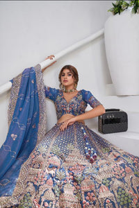 Divine Elegance in Purple – Bridal Lehenga with Temple & Cow Motifs
