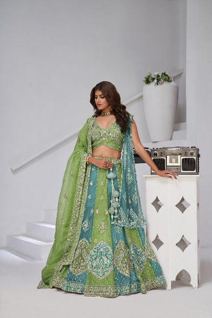 Vibrant Dual Tone Green & Turquoise Lehenga with Double Dupattas for Weddings