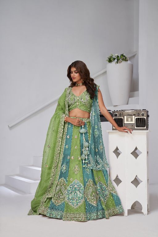 Vibrant Dual Tone Green & Turquoise Lehenga with Double Dupattas for Weddings