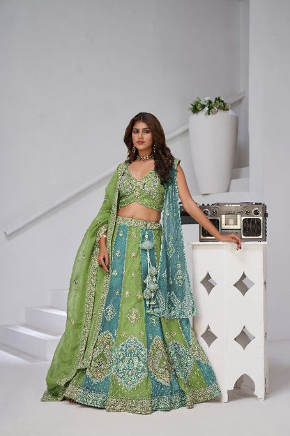 Vibrant Dual Tone Green & Turquoise Lehenga with Double Dupattas for Weddings