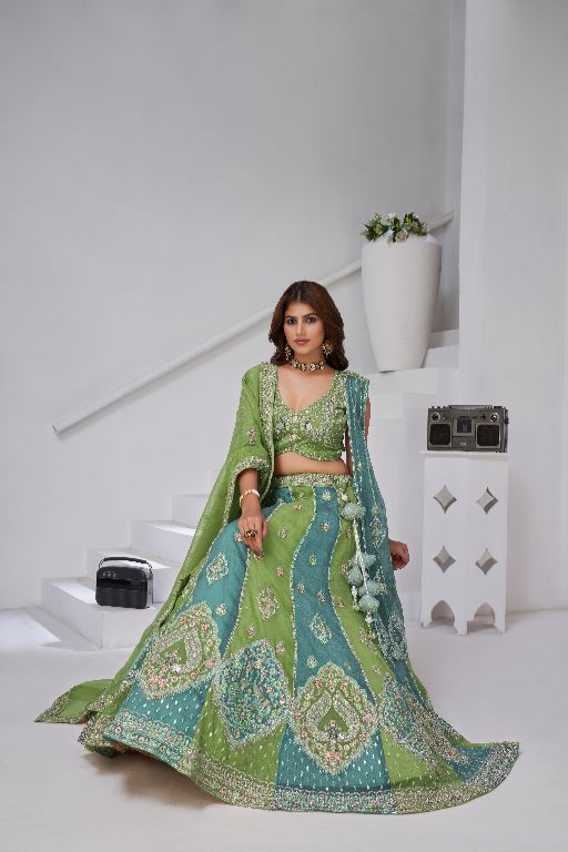 Vibrant Dual Tone Green & Turquoise Lehenga with Double Dupattas for Weddings
